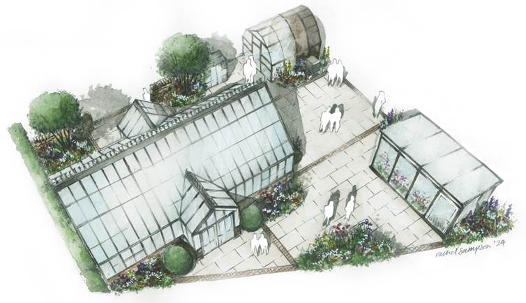 An illustration of Hartley Botanic’s 2024 RHS tradestand by Landscape Architect Rachel Sampson, who is designing this year’s stand