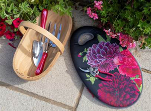 The Gifts For Gardeners Trowl, Kneel pad, and gloves in the British Bloom design