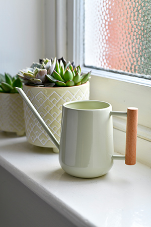 Burgon and Ball indoor watering can pale jade with Bilbao indoor pots lifestyle