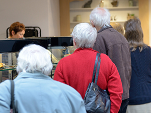 Garden centres customers queuing in the coffee bar restaurant