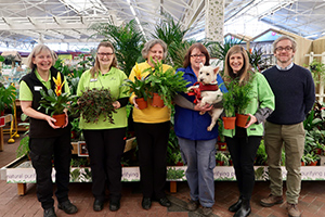 Photo caption (L-R): Cathryn (Haskins staff), Alice (Haskins staff), Sue Webster (Waggy Tails rescue), Jane Storey (Waggy Tails) with Tia the dog, Amanda (Haskins staff), Marc Etheridge (assistant general manager at Haskins in Ferndown)