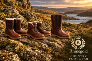 Rhinegold boots displayed on a mountainside
