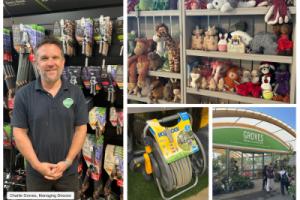 Images of garden centre products in a montage with the manager, Charlie Groves