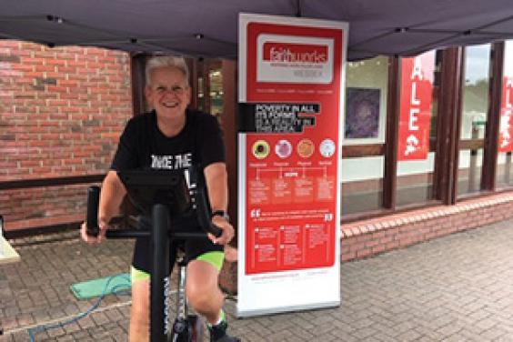 Yvonne Bunyan Good in manager taking part in the Static Bikeathon 