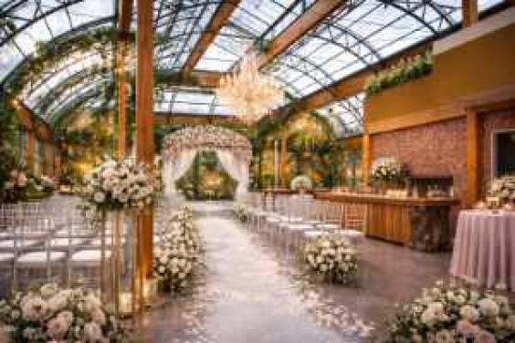A large greenhouse set up as a wedding venue