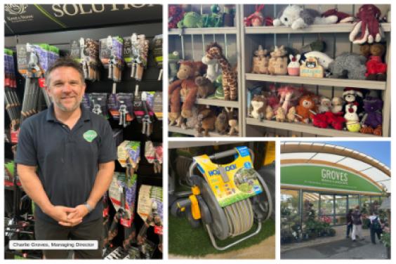 Images of garden centre products in a montage with the manager, Charlie Groves